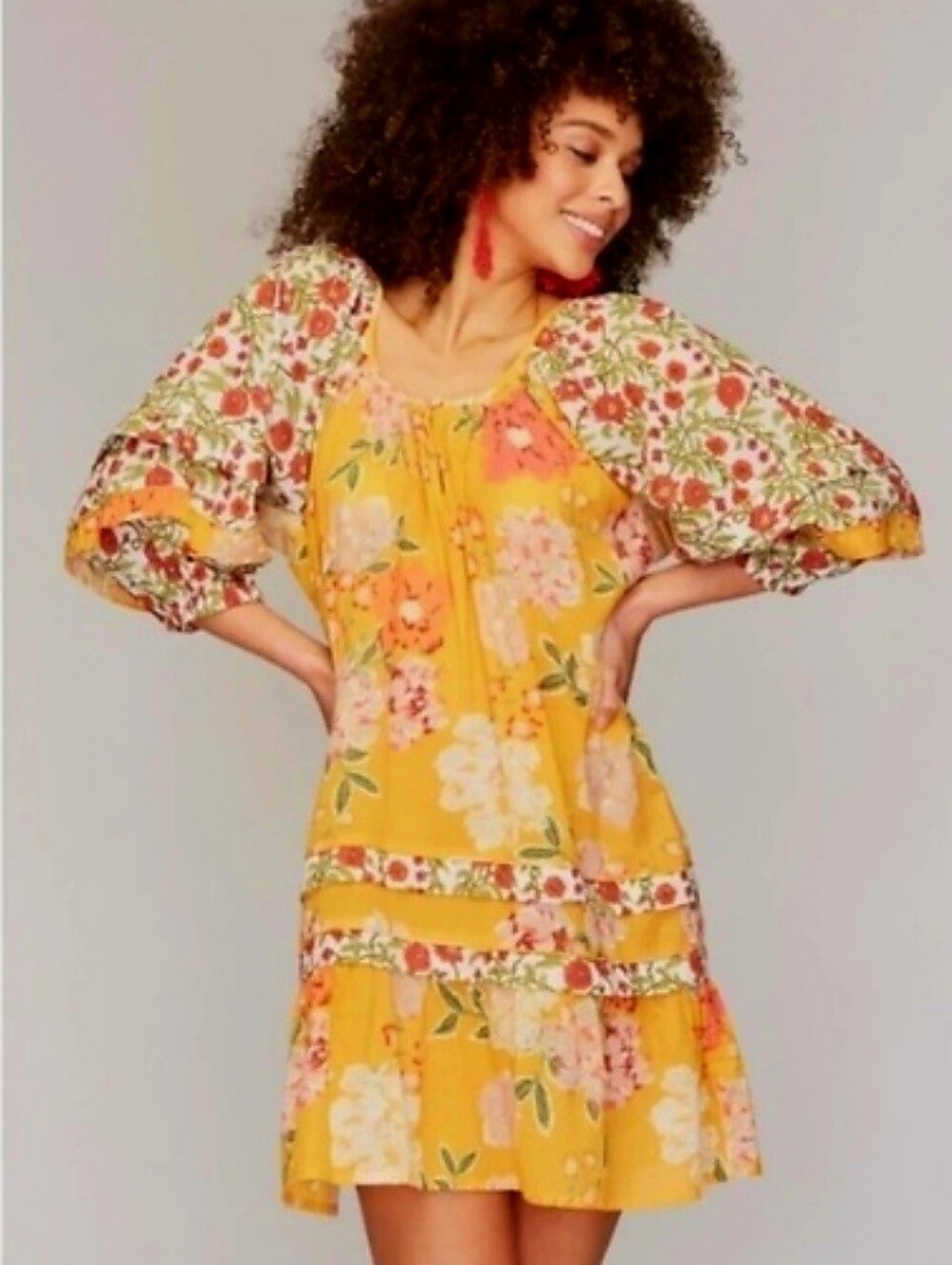 Roller Rabbit Semara Tamania Puff Sleeve Floral Mini Dress Yellow Cotton Boho S